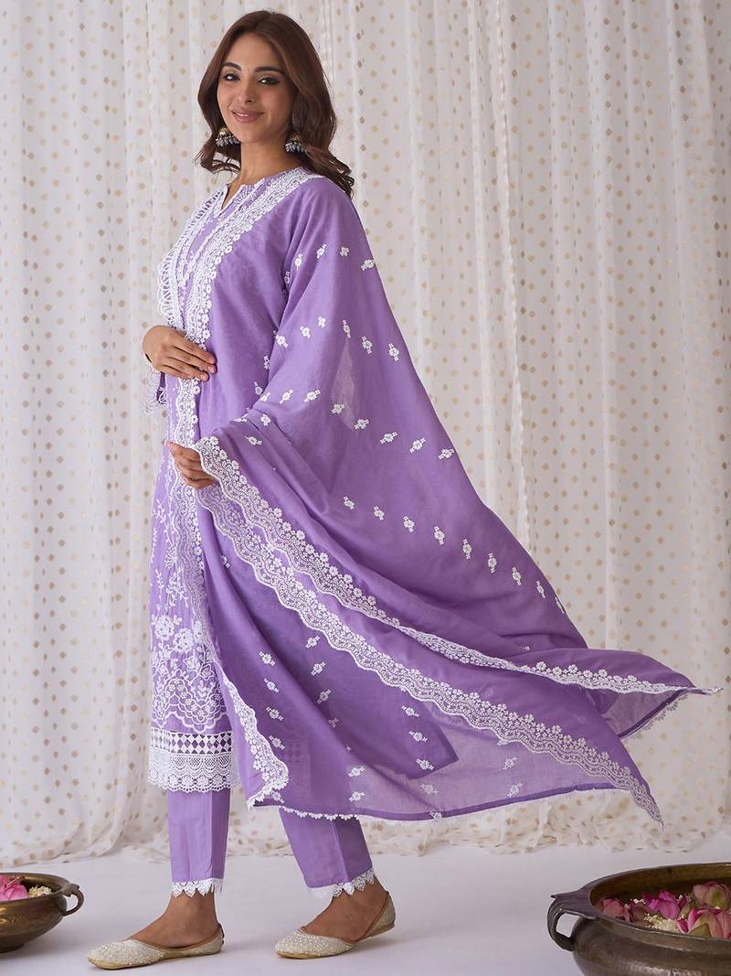 Women Ethnic Motifs Embroidered Thread Work Cotton Kurta with Trousers & With Dupatta