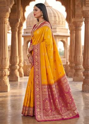 Yellow soft banarasi silk saree with zari weaving meenakari design 3