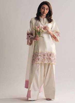 off white creap silk blend  party wear embroidery suit set stitched 1