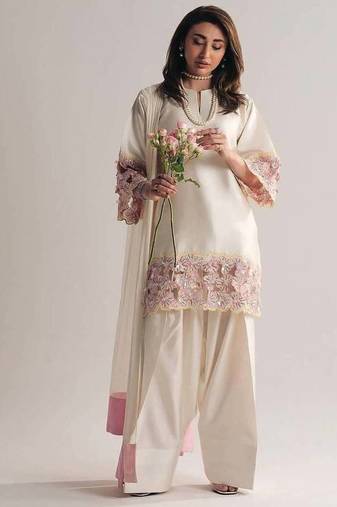 off white creap silk blend  party wear embroidery suit set stitched