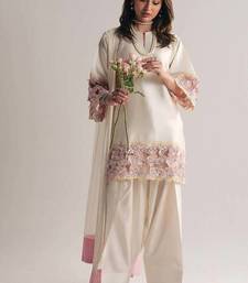off white creap silk blend  party wear embroidery suit set stitched