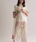 off white creap silk blend  party wear embroidery suit set stitched