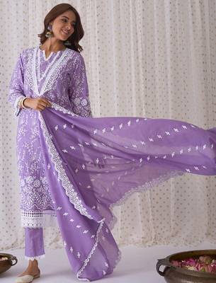 Women Ethnic Motifs Embroidered Thread Work Cotton Kurta with Trousers & With Dupatta 6