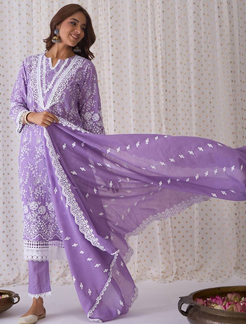 Women Ethnic Motifs Embroidered Thread Work Cotton Kurta with Trousers & With Dupatta
