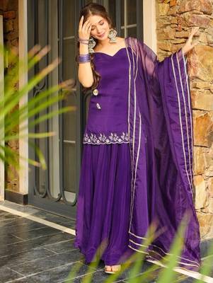 Purple rangoli silk embroidery lace border work kurta palazzo set 3