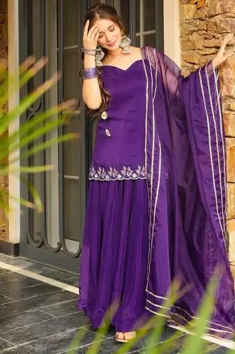 Purple rangoli silk embroidery lace border work kurta palazzo set