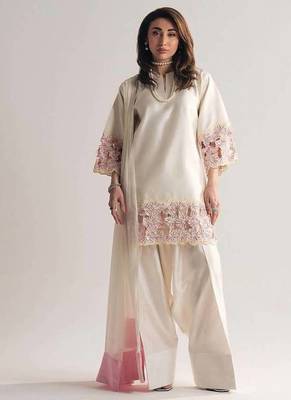 off white creap silk blend  party wear embroidery suit set stitched 2