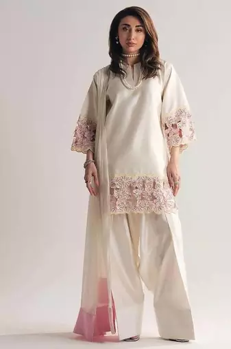 off white creap silk blend  party wear embroidery suit set stitched