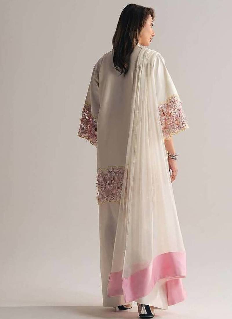 off white creap silk blend  party wear embroidery suit set stitched