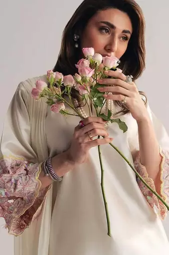 off white creap silk blend  party wear embroidery suit set stitched