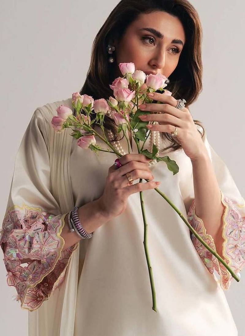 off white creap silk blend  party wear embroidery suit set stitched