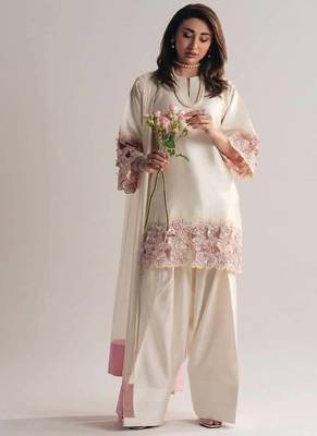 off white creap silk blend  party wear embroidery suit set stitched 5