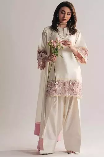 off white creap silk blend  party wear embroidery suit set stitched