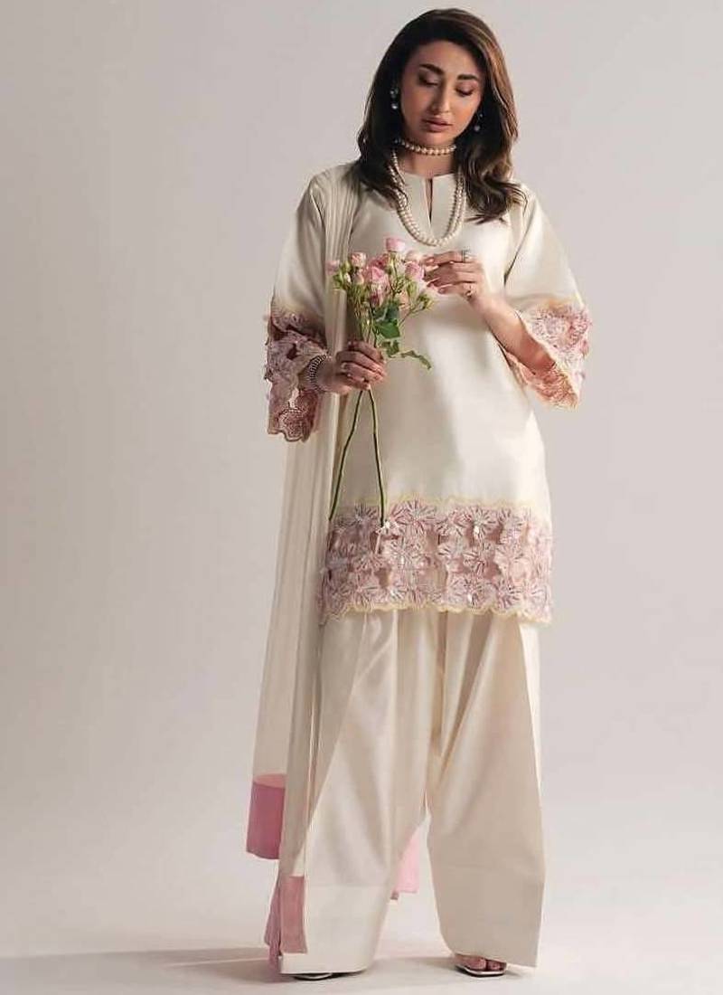 off white creap silk blend  party wear embroidery suit set stitched