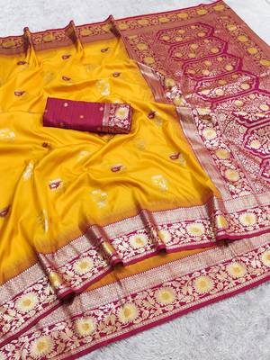 Yellow soft banarasi silk saree with zari weaving meenakari design 4