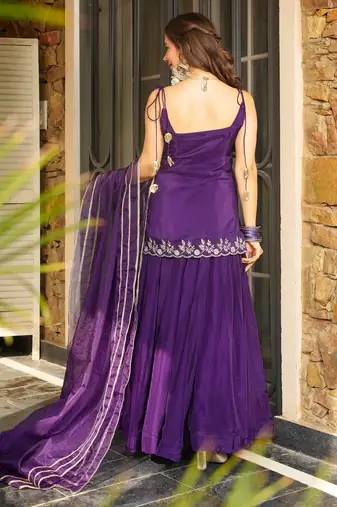 Purple rangoli silk embroidery lace border work kurta palazzo set