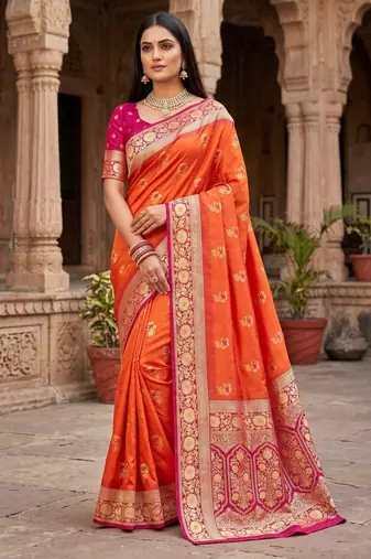 Orange soft banarasi silk saree with zari weaving meenakari design