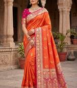 Orange soft banarasi silk saree with zari weaving meenakari design