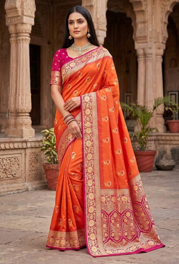 Orange soft banarasi silk saree with zari weaving meenakari design