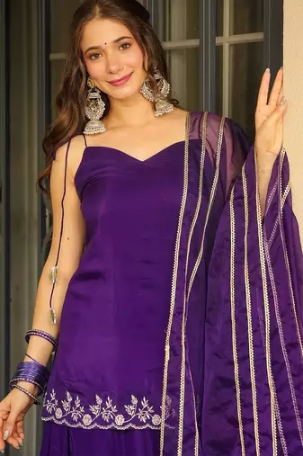 Purple rangoli silk embroidery lace border work kurta palazzo set