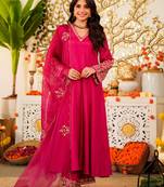 Rani pink viscose chanderi heavy thread embroidery work kurta pant set