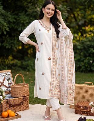 Women Ethnic Motifs Embroidered Thread Work Cotton Kurta with Trousers & With Dupatta 1