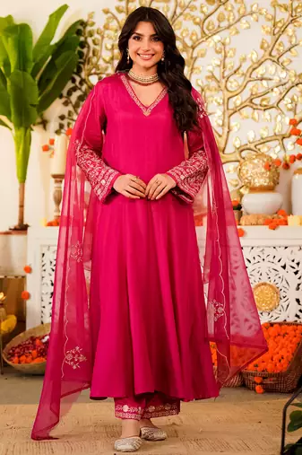 Rani pink viscose chanderi heavy thread embroidery work kurta pant set