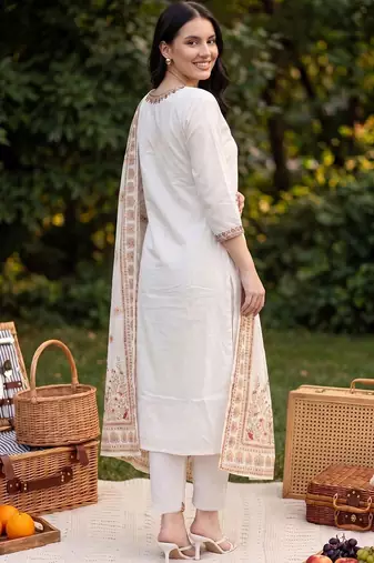 Women Ethnic Motifs Embroidered Thread Work Cotton Kurta with Trousers & With Dupatta