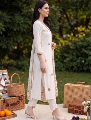 Women Ethnic Motifs Embroidered Thread Work Cotton Kurta with Trousers & With Dupatta 6