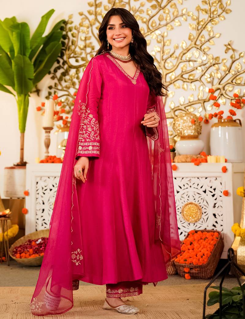 Rani pink viscose chanderi heavy thread embroidery work kurta pant set