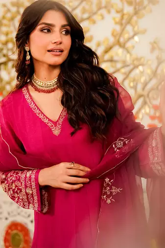 Rani pink viscose chanderi heavy thread embroidery work kurta pant set