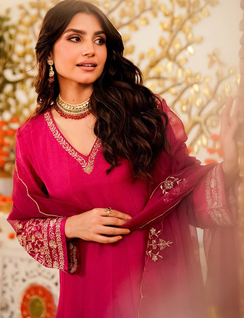 Rani pink viscose chanderi heavy thread embroidery work kurta pant set