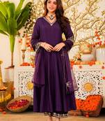 Purple viscose chanderi heavy thread embroidery work kurta pant set