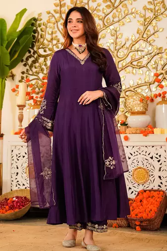 Purple viscose chanderi heavy thread embroidery work kurta pant set