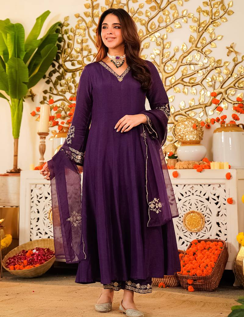 Purple viscose chanderi heavy thread embroidery work kurta pant set