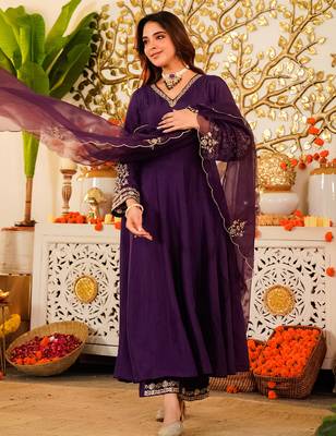 Purple viscose chanderi heavy thread embroidery work kurta pant set 3