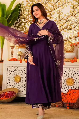 Purple viscose chanderi heavy thread embroidery work kurta pant set