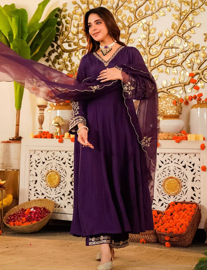 Purple viscose chanderi heavy thread embroidery work kurta pant set