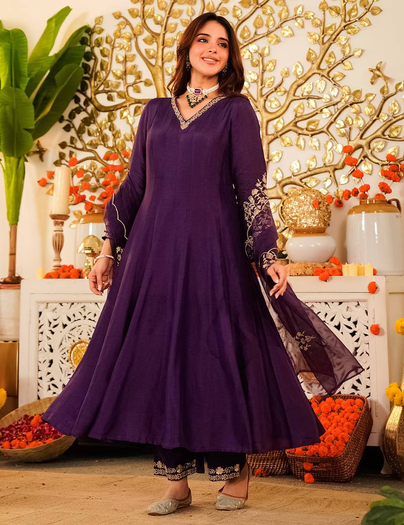 Purple viscose chanderi heavy thread embroidery work kurta pant set