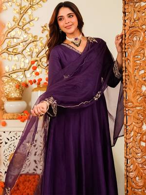 Purple viscose chanderi heavy thread embroidery work kurta pant set 5