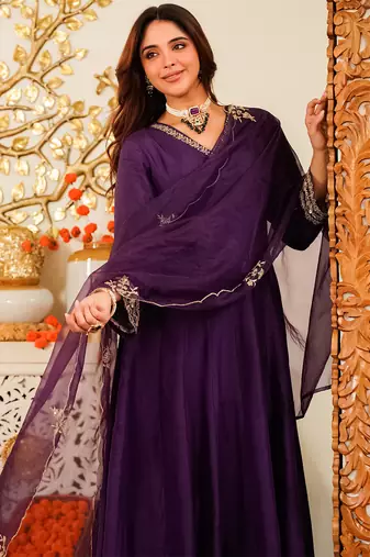 Purple viscose chanderi heavy thread embroidery work kurta pant set