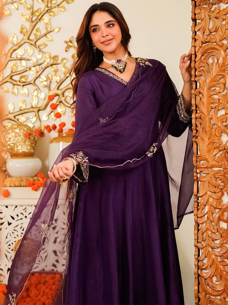 Purple viscose chanderi heavy thread embroidery work kurta pant set