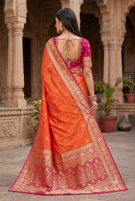Orange soft banarasi silk saree with zari weaving meenakari design 2