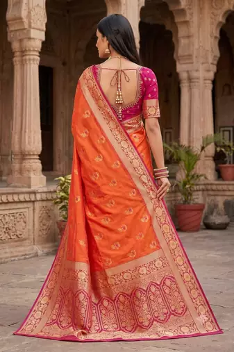 Orange soft banarasi silk saree with zari weaving meenakari design