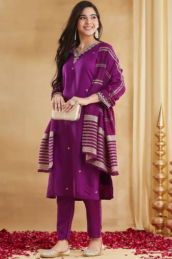 Magenta viscose rayon heavy thread embroidery with woven dupatta kurta pant set
