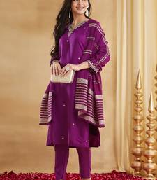 Magenta viscose rayon heavy thread embroidery with woven dupatta kurta pant set