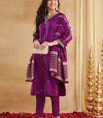 Magenta viscose rayon heavy thread embroidery with woven dupatta kurta pant set