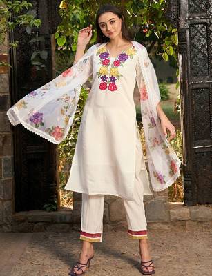 Floral Embroidered Patchwork Straight Kurta With Trousers & Dupatta 1