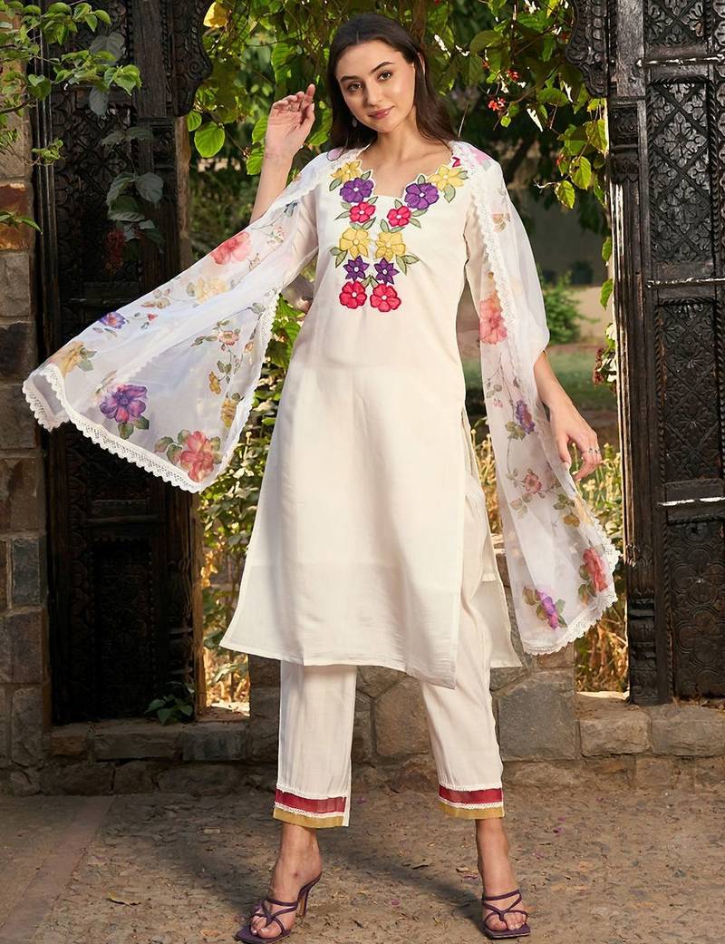 Floral Embroidered Patchwork Straight Kurta With Trousers & Dupatta