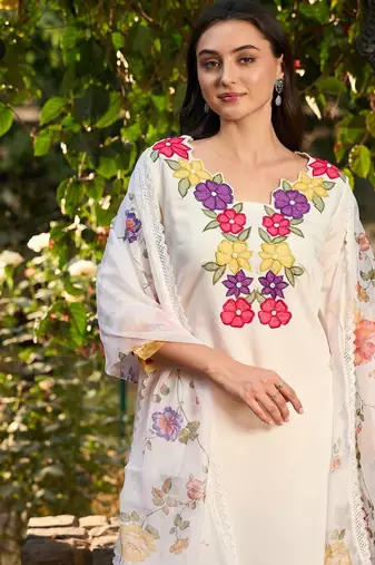 Floral Embroidered Patchwork Straight Kurta With Trousers & Dupatta